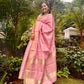 Semi Chanderi Silk Saree with Small Floral Bhuttis & Golden Zari Border