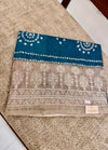 Teal Blue Semitussar Saree with Beige Embroidered Border & Bandhani Design