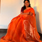 Silk linen saree - muted sea green  and orangshade
