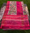 🌸 Semi-Tussar Saree with Intricate Floral Threadwork – Pink & Beige Elegance