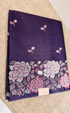 Violet Pure Tussar Silk Saree with Pink & Blue Floral Embroidery
