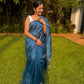 Teal blue semi tussar saree with thread work