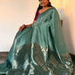 Silk linen saree - muted sea green  and orangshade