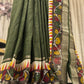 Chanderi Check Saree in Mustard Yellow with Green Kalamkari Work