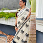 Kerala Cotton Saree with Black & Silver Peacock Leaf Motif