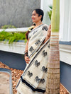 Kerala Cotton Saree with Black & Silver Peacock Leaf Motif
