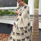 Kerala Cotton Saree with Black & Silver Peacock Leaf Motif