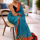 Teal Blue Cotton Saree with Rust Border – Everyday Grace