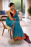 Teal Blue Cotton Saree with Rust Border – Everyday Grace