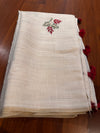 Ivory Cotton Saree with Floral Threadwork & Tassels