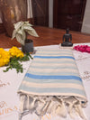 Kerala cotton saree with serene blue stripes and silver zari border
