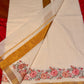 Kerala cotton saree in a classic off-white hue with floral embroidery