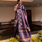 Violet Pure Tussar Silk Saree with Pink & Blue Floral Embroidery