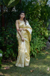 Semi Tussar Silk Saree in Sandal Colour with Golden Stripes & Embroidered Zari Border