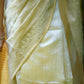 Semi Tussar Silk Saree in Sandal Colour with Golden Stripes & Embroidered Zari Border