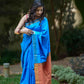 Pure Raw Silk Saree in Peacock Blue with Yellow & Maroon Checks in Pallu & Blouse