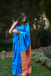 Pure Raw Silk Saree in Peacock Blue with Yellow & Maroon Checks in Pallu & Blouse