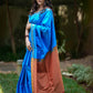 Pure Raw Silk Saree in Peacock Blue with Yellow & Maroon Checks in Pallu & Blouse