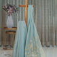Elegant Banarasi Cotton Saree in Stone Blue with Golden Weave Buttis and Floral Pallu