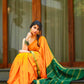 Pure Crepe Silk Saree in Mango Yellow with Bottle Green Border & Golden Zari