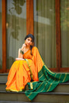 Pure Crepe Silk Saree in Mango Yellow with Bottle Green Border & Golden Zari