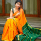 Pure Crepe Silk Saree in Mango Yellow with Bottle Green Border & Golden Zari