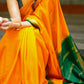 Pure Crepe Silk Saree in Mango Yellow with Bottle Green Border & Golden Zari
