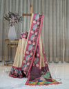Cream Raw Silk Saree with Lotus Kalamkari Border and Krishna-Radha Art