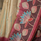 Cream Raw Silk Saree with Lotus Kalamkari Border and Krishna-Radha Art