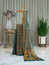 Exquisite Chiffon Saree in Mustard Yellow and Green with Kalamkari Print and Thread Weaving