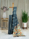 Pure Tussar Saree in Blue Steel with Shibori and Floral Katha Work
