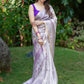 Pure Tissue Silk Saree in Lavender Shade with Golden Zari and Metallic Work