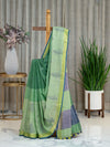 Linen Saree in Dark and Light Green with Radha Thread Work and Golden Zari Border