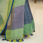 Linen Saree in Dark and Light Green with Radha Thread Work and Golden Zari Border