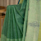 Linen Saree in Dark and Light Green with Radha Thread Work and Golden Zari Border