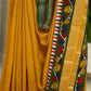 Chanderi Check Saree in Mustard Yellow with Green Kalamkari Work
