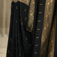 Black Matka Khadi Saree with Golden Buttis and Zari Border