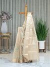 Cream Tissue Silk Saree with Floral Thread Work and Gold Zari Border