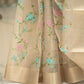 Cream Tissue Silk Saree with Floral Thread Work and Gold Zari Border