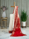 Satin Silk Saree in White and Red Combo with Golden Buttis