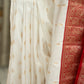 Satin Silk Saree in White and Red Combo with Golden Buttis