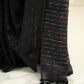 Pure Black Linen Cotton Saree with Rainbow Weaving and Black Tassels
