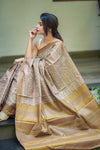 Tussar Silk Saree in Sepia Shade with White Embroidered Work
