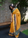 Chanderi Check Saree in Mustard Yellow with Green Kalamkari Work