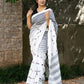 Pure Linen Saree in Black and White with Silver Border and Embroidered Bird Motifs