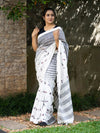 Pure Linen Saree in Black and White with Silver Border and Embroidered Bird Motifs
