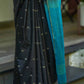 Semi Tussar Silk Saree in Black with Gold Micro Rectangle Weaving and Contrast Peacock Blue Pallu
