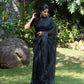 Pure Black Linen Cotton Saree with Rainbow Weaving and Black Tassels