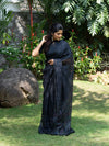 Pure Black Linen Cotton Saree with Rainbow Weaving and Black Tassels