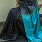 Semi Tussar Silk Saree in Black with Gold Micro Rectangle Weaving and Contrast Peacock Blue Pallu